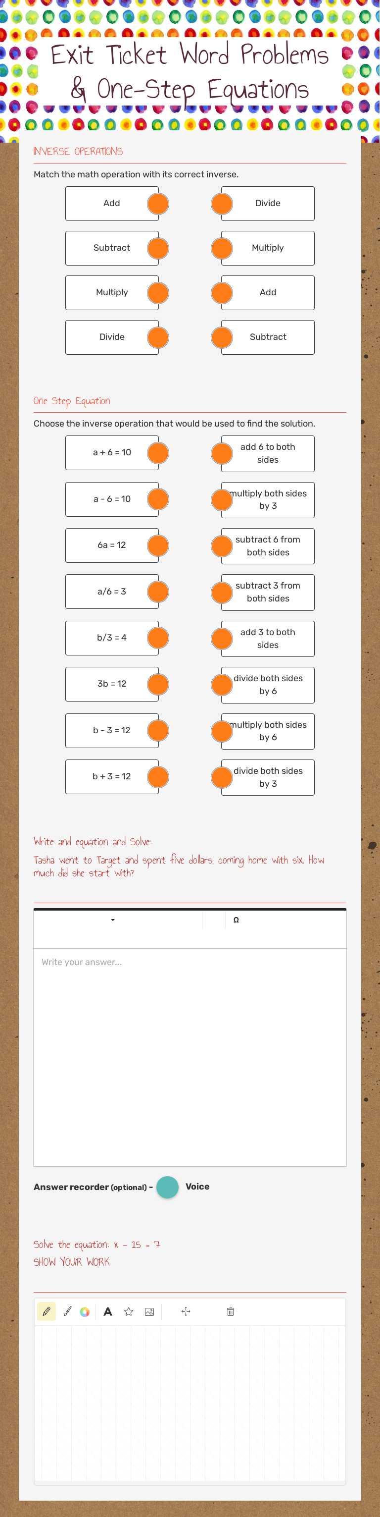 Exit Ticket     
  Word Problems & One-Step Equations worksheet preview image