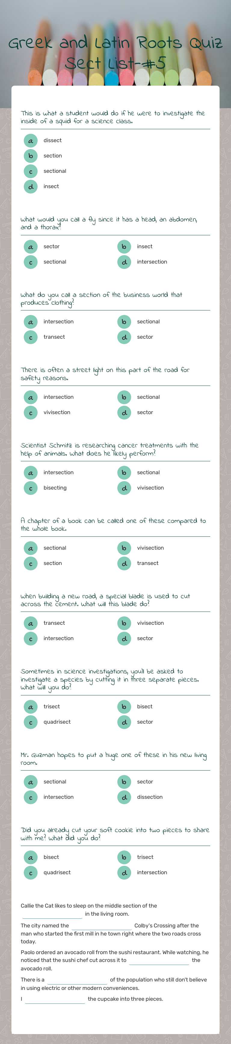 Greek and Latin Roots Quiz Sect List-#5 worksheet preview image