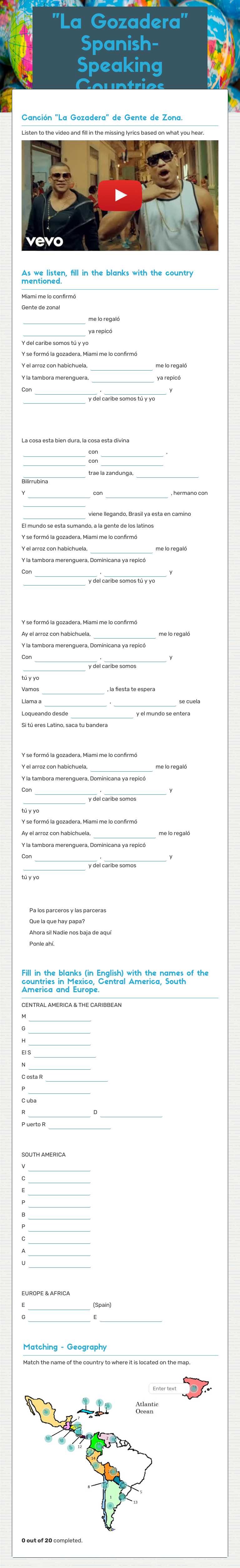 "La Gozadera" Spanish-Speaking Countries worksheet preview image