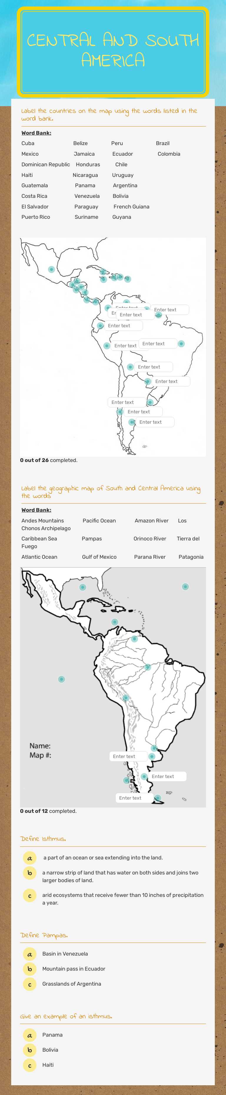 Central and south america worksheet preview image