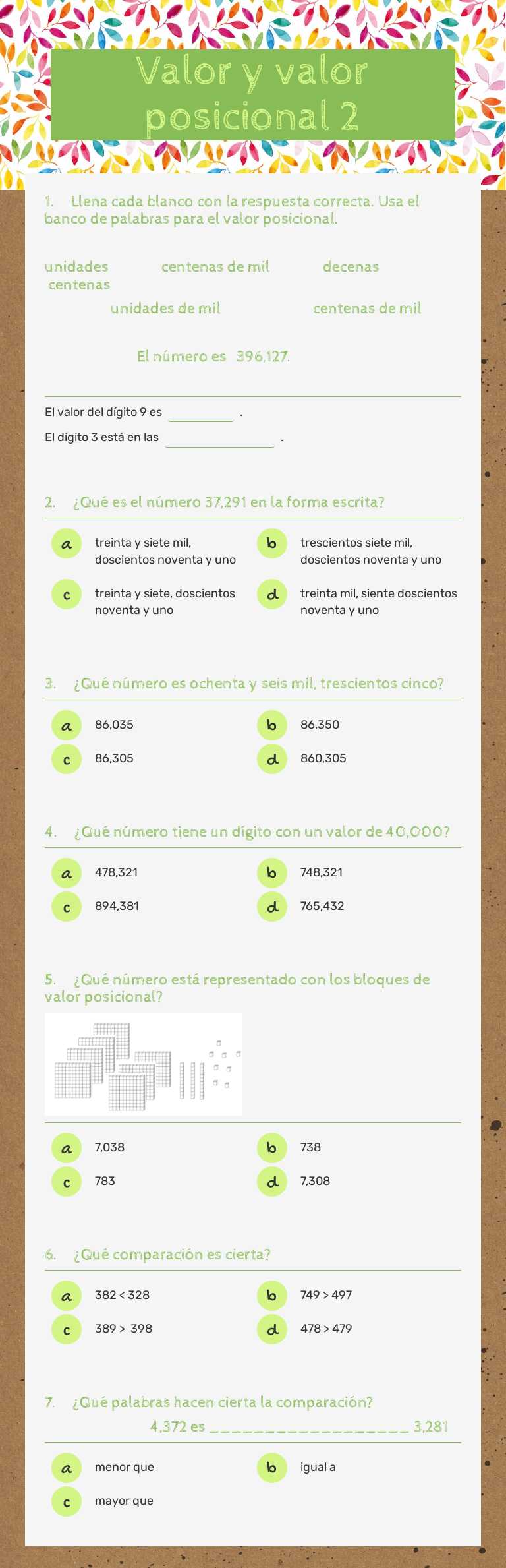 Valor  y  valor posicional 2 worksheet preview