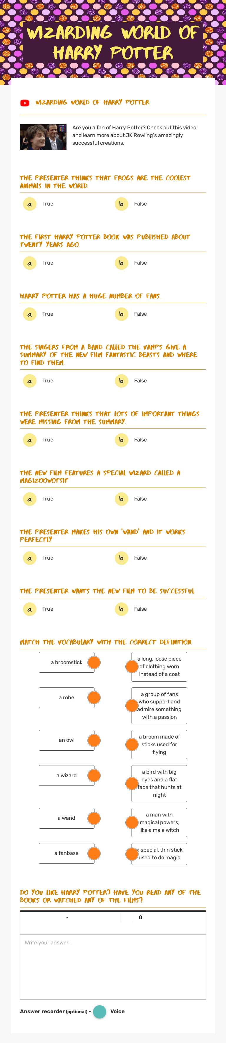 Wizarding world of Harry Potter worksheet preview image