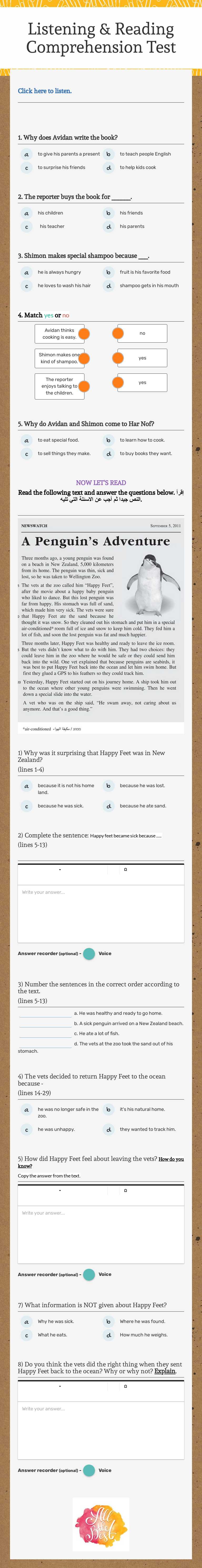 Listening & Reading  Comprehension Test worksheet preview image