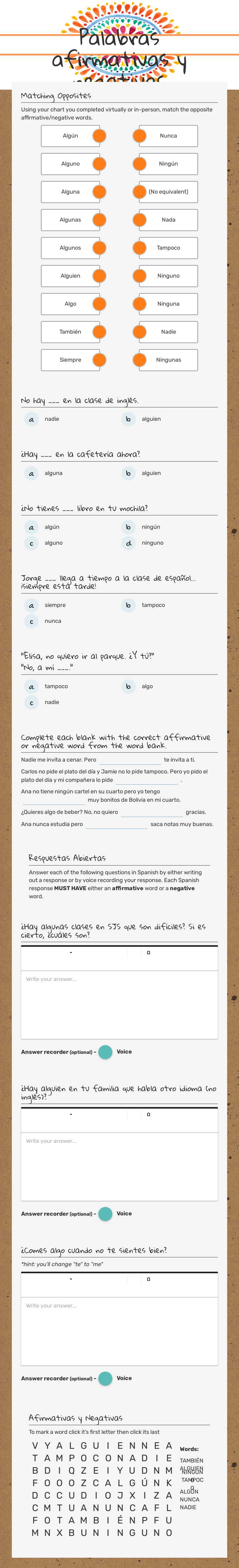 Palabras afirmativas y negativas worksheet preview image