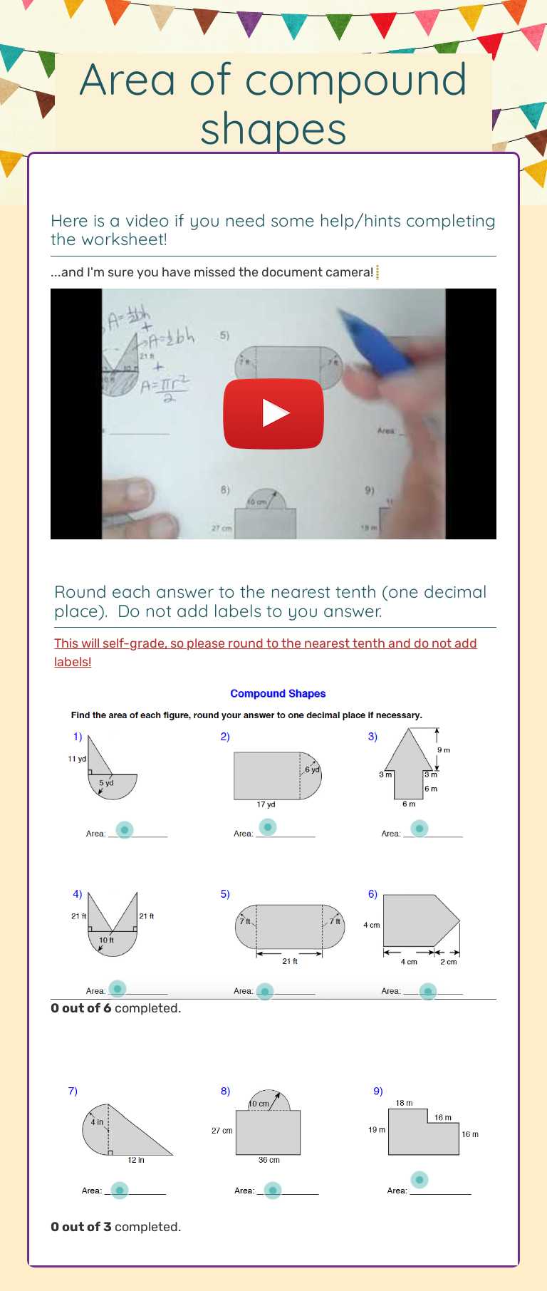 Area of compound shapes Grade 7 worksheet preview