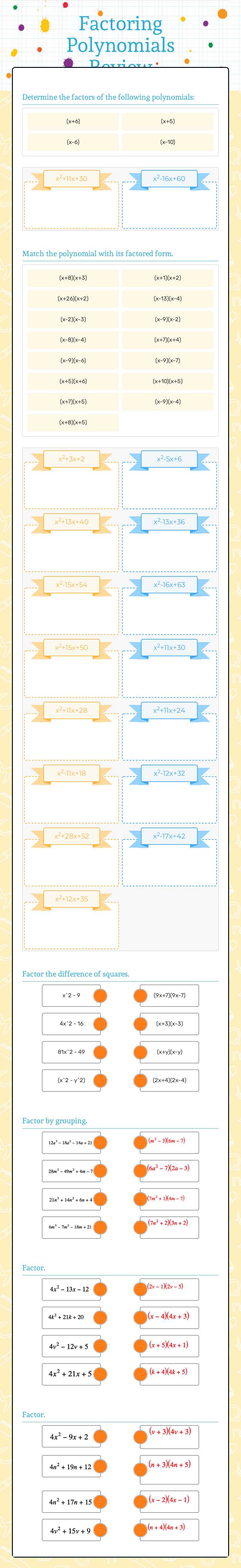 Factoring Polynomials Review worksheet preview image