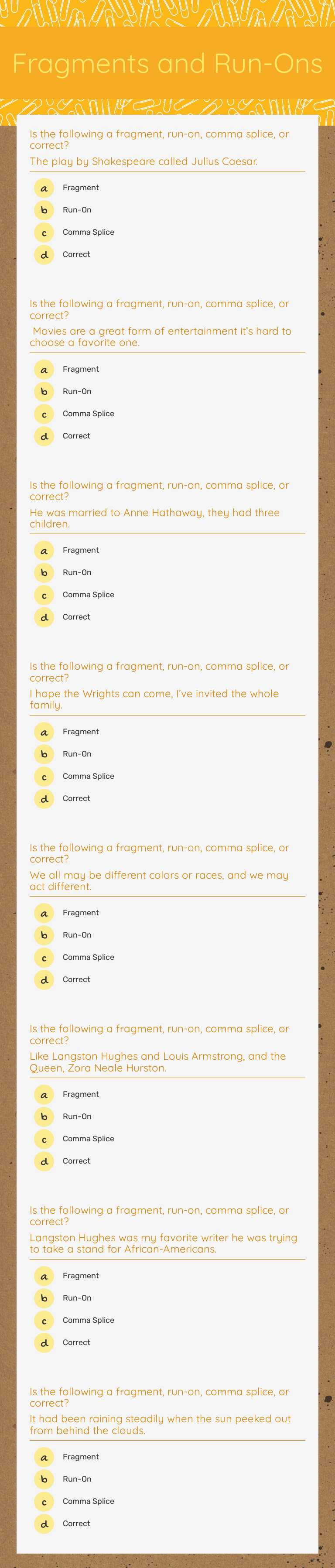 Fragments and Run-Ons Grade 10 worksheet preview