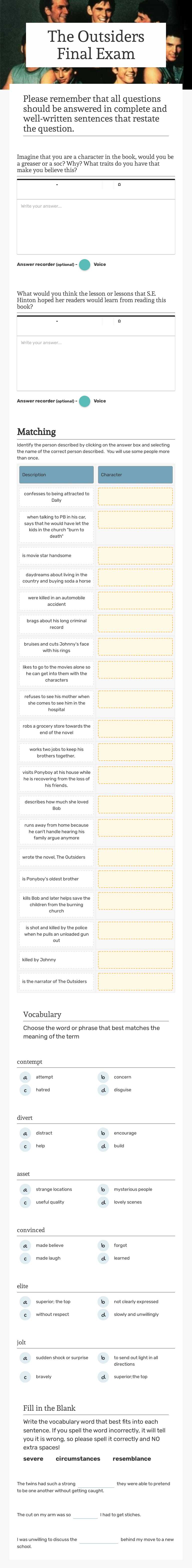 The Outsiders Final Exam worksheet preview image