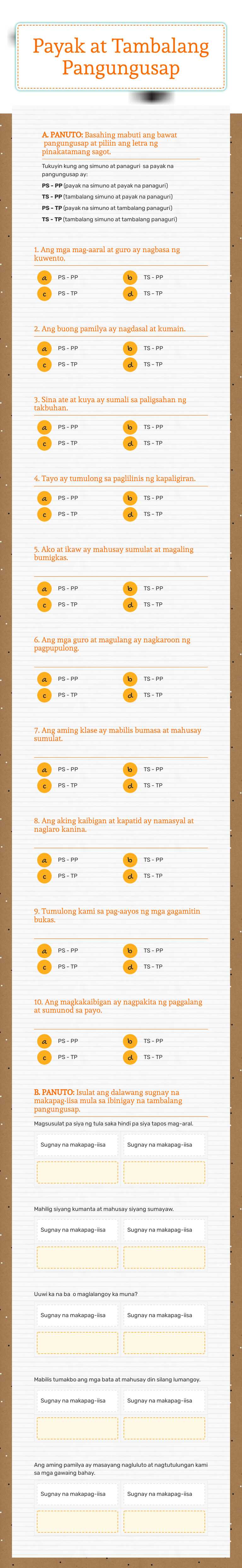 Payak at Tambalang Pangungusap worksheet preview image
