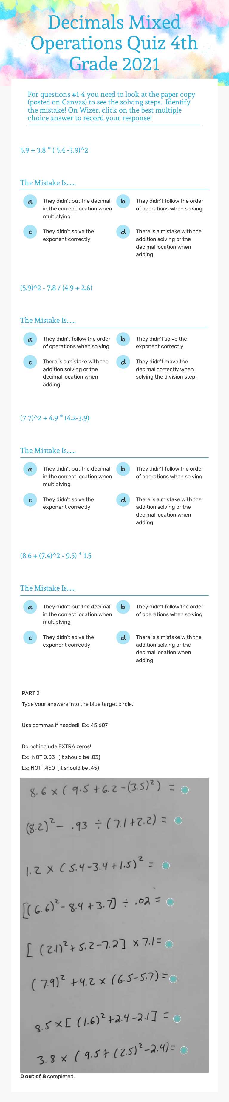 Decimals Mixed Operations Quiz 4th Grade 2021 worksheet preview image