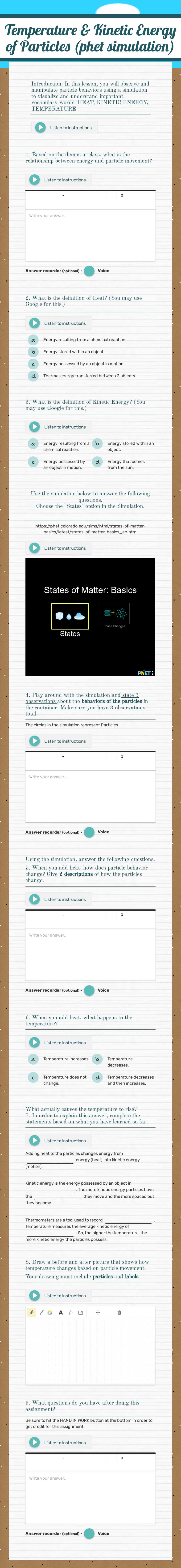 Temperature & Kinetic Energy of Particles (phet simulation) worksheet preview image