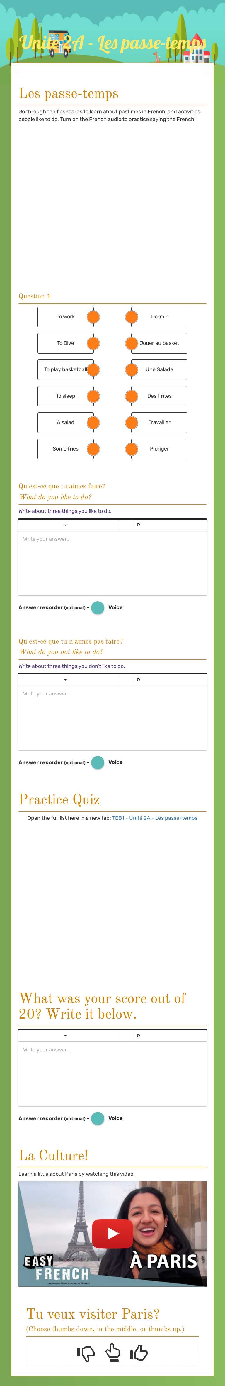 Unite 2A - Les passe-temps worksheet preview image