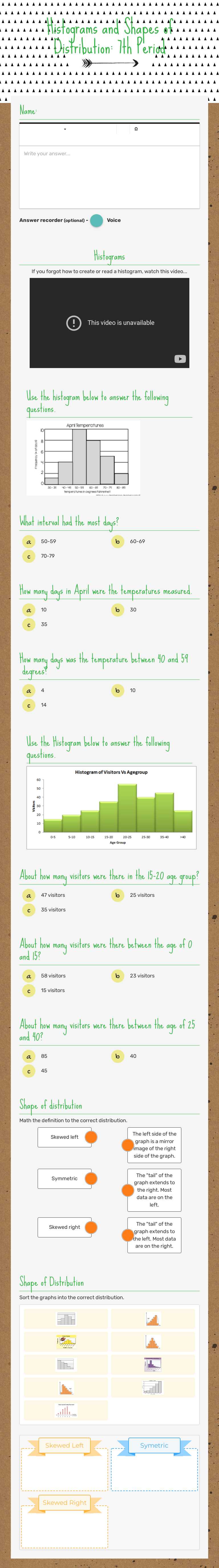 Histograms and Shapes of Distribution: 7th Period worksheet preview image