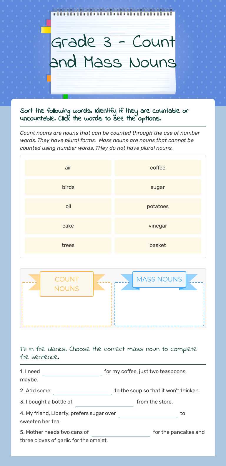 Grade 3 - Count and Mass Nouns worksheet preview image