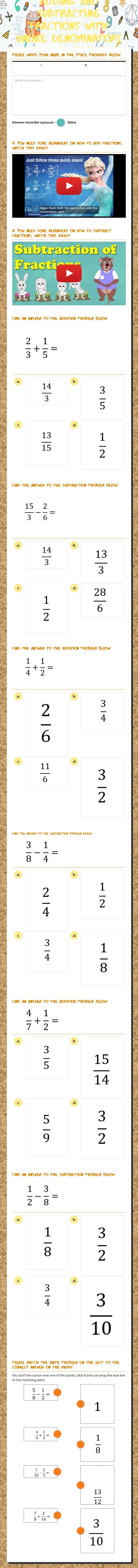 adding and subtracting  Fractions with unlike denominators in 5th Grade worksheet preview