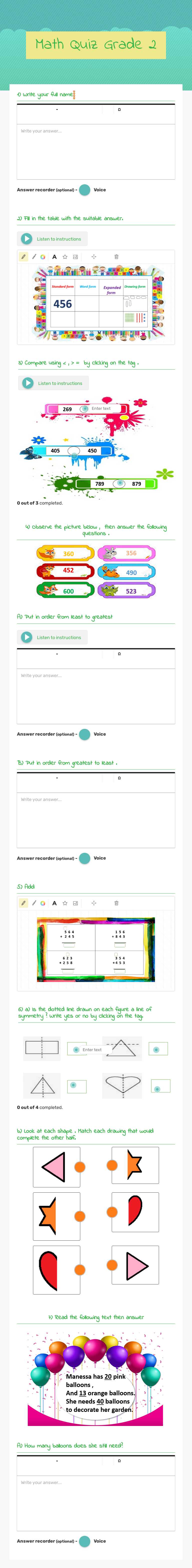 Math Quiz Grade 2 worksheet preview image