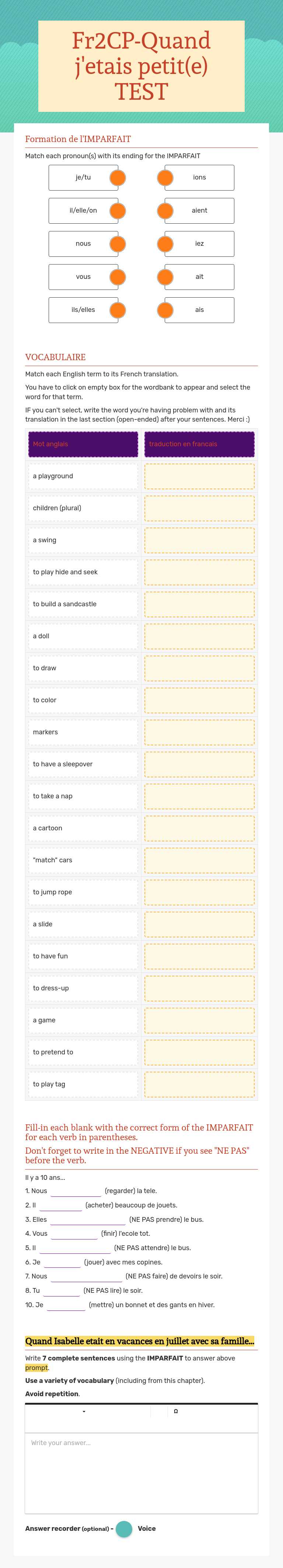 Fr2CP-Quand j'etais petit(e) TEST worksheet preview image