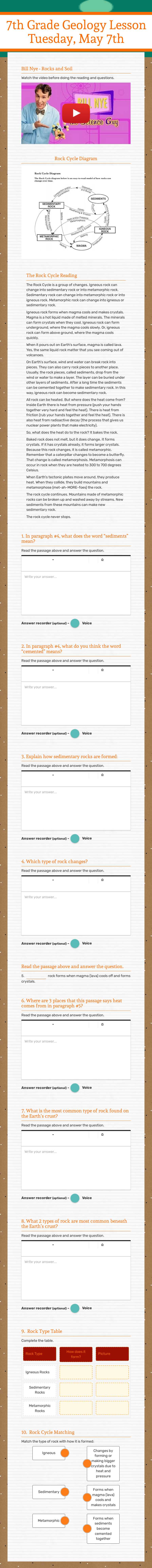 7th Grade Geology Lesson
Tuesday, May 7th worksheet preview image