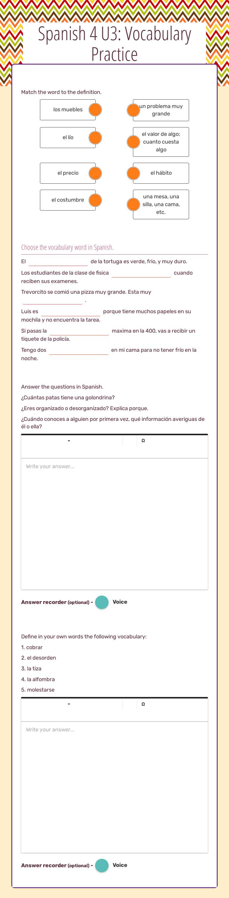 Spanish 4 U3: Vocabulary Practice worksheet preview image