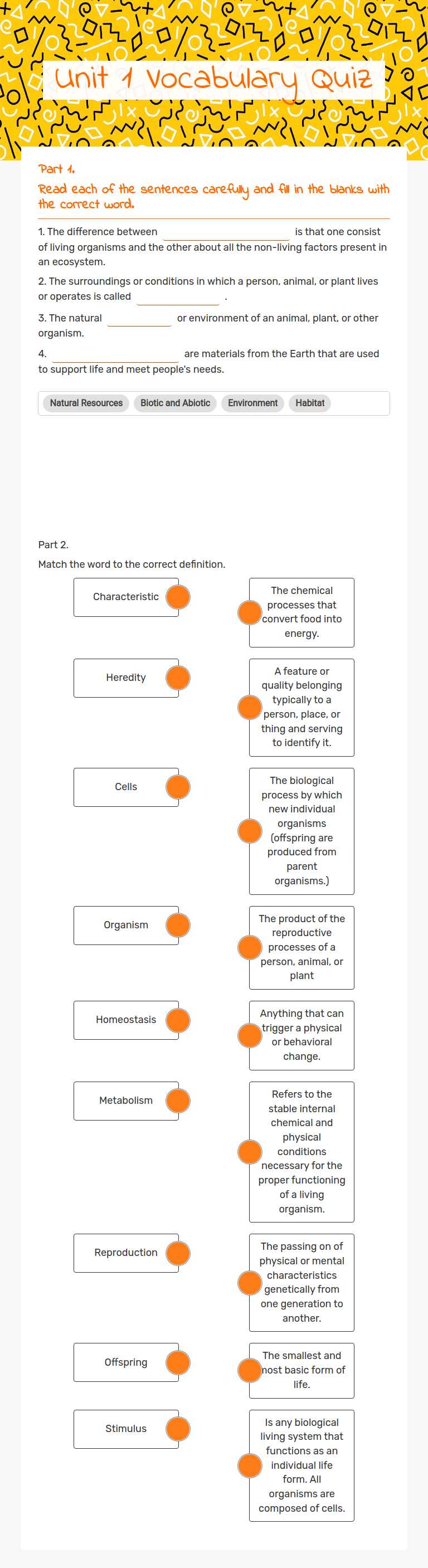 Unit 1        
 Vocabulary Quiz worksheet preview image
