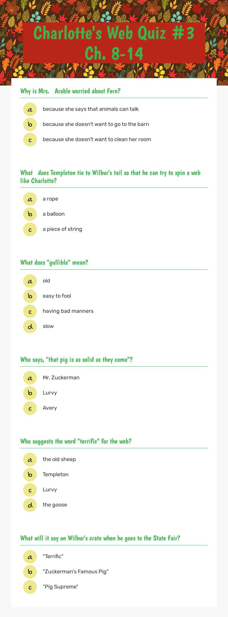 Charlotte's Web Quiz #3 Ch. 8-14 worksheet preview image