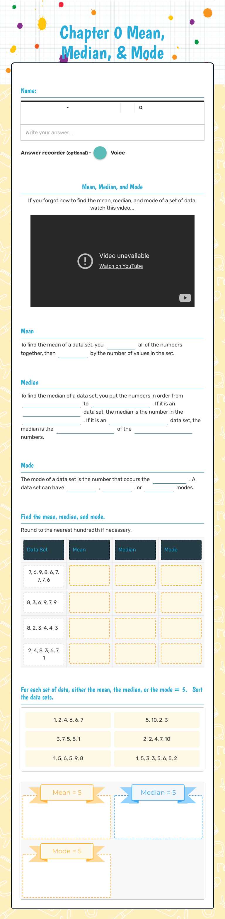 Chapter 0 Mean, Median, & Mode worksheet preview image