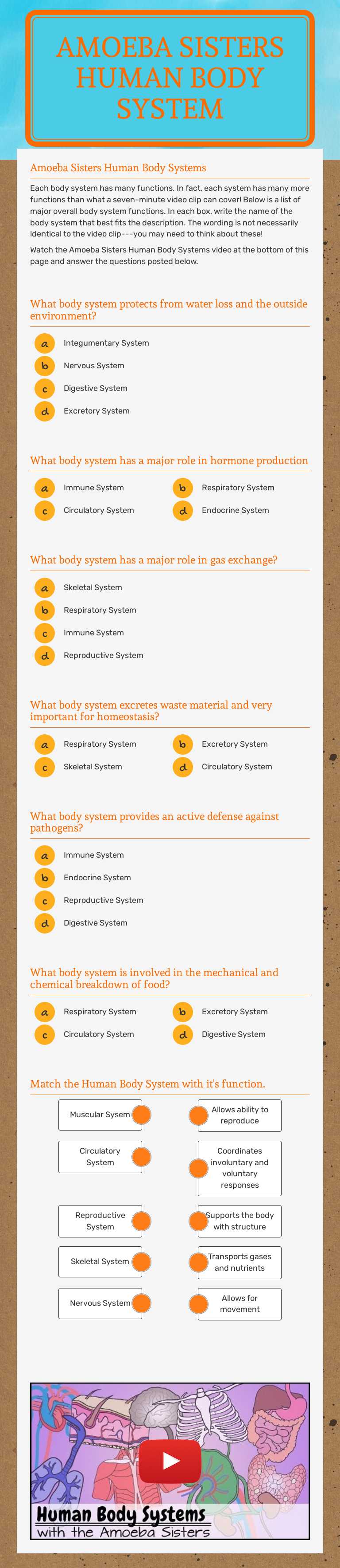 Amoeba Sisters Human Body System Grade 6 worksheet preview