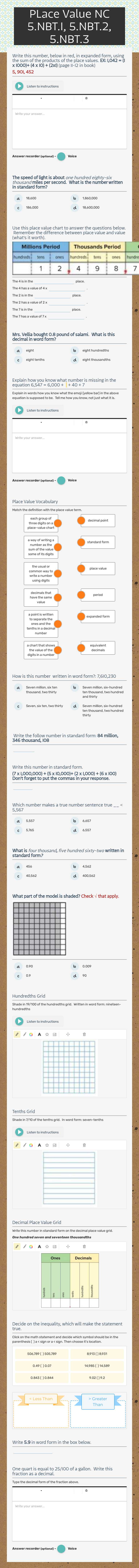 PLace Value                                    NC 5.NBT.1, 5.NBT.2, 5.NBT.3 Grade 5 worksheet preview