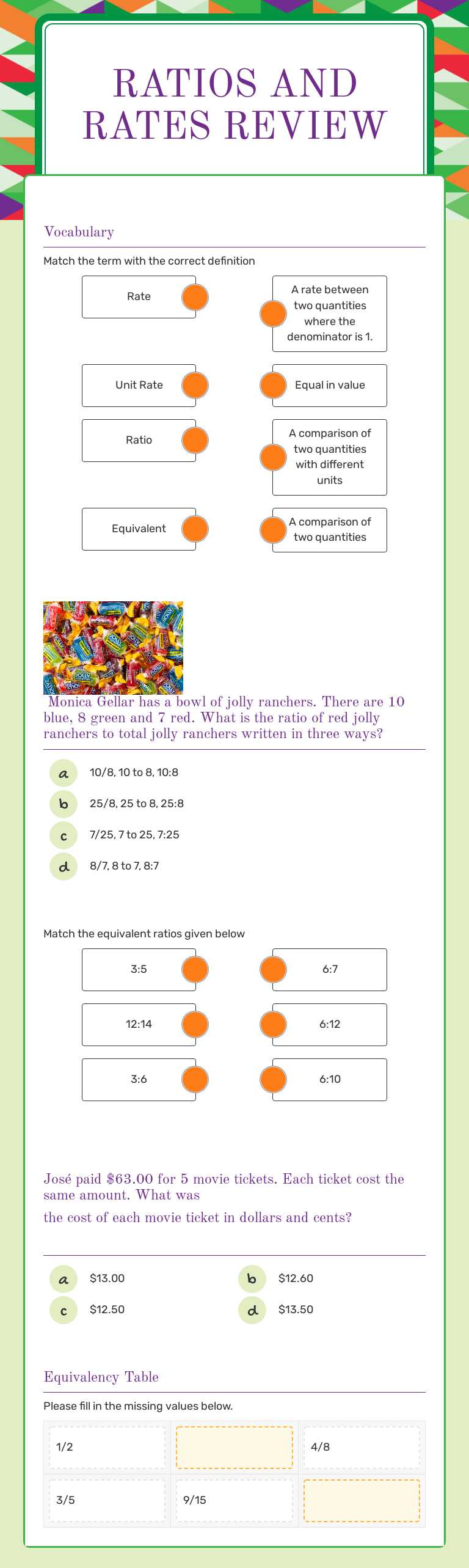 Ratios and 
Rates Review worksheet preview image