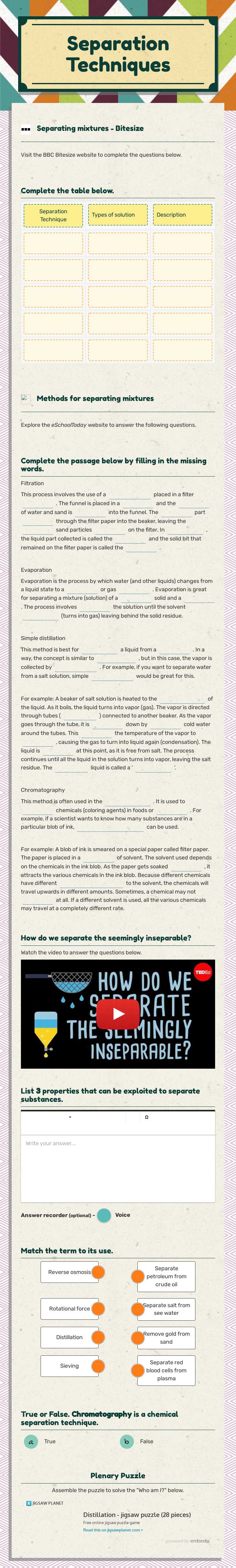 Separation Techniques worksheet preview image