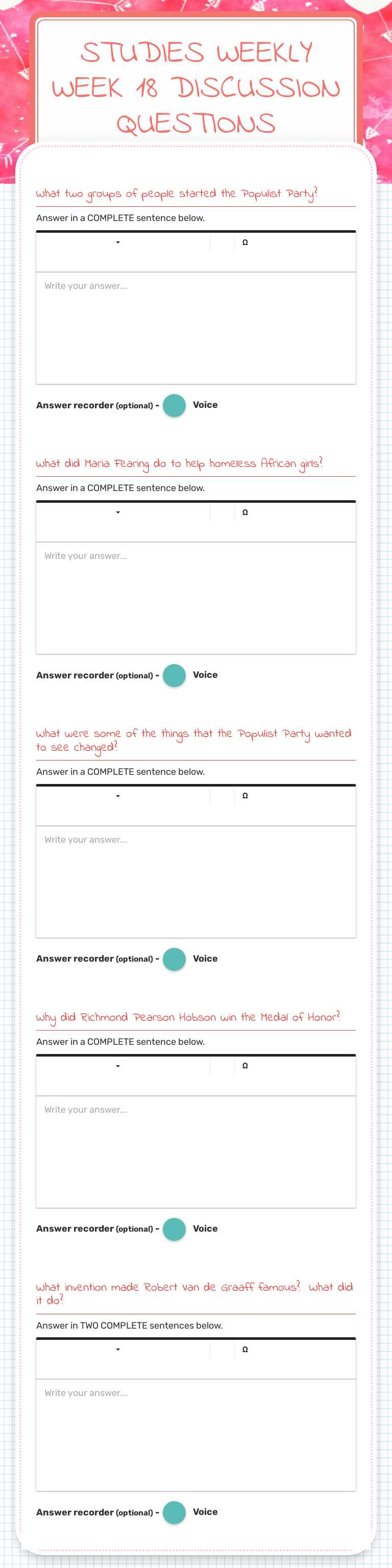 Studies Weekly Week 18 Discussion Questions worksheet preview image