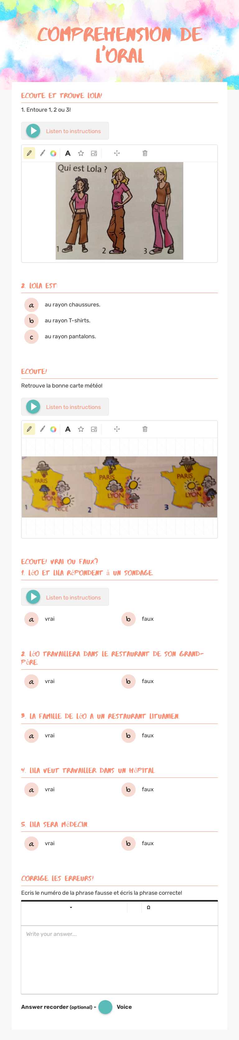 comprehension de l'oral worksheet preview image