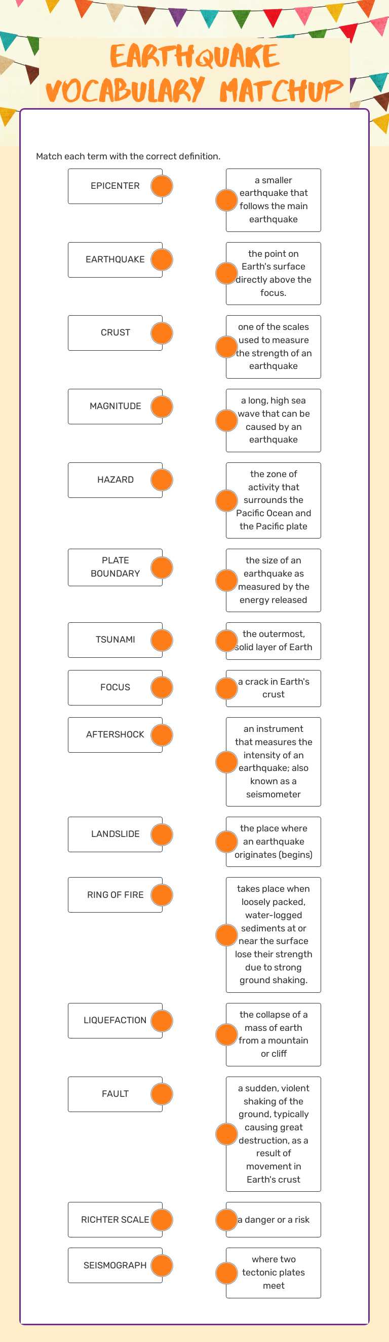 Earthquake Vocabulary matchup Grade 5 worksheet preview