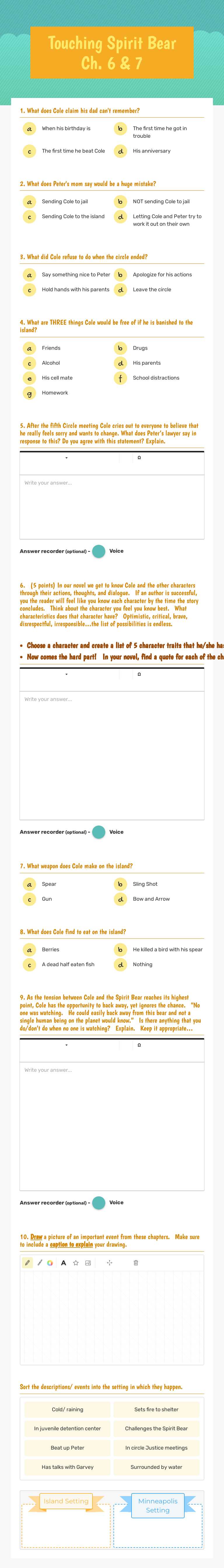 Touching Spirit Bear Ch. 6 & 7 worksheet preview image