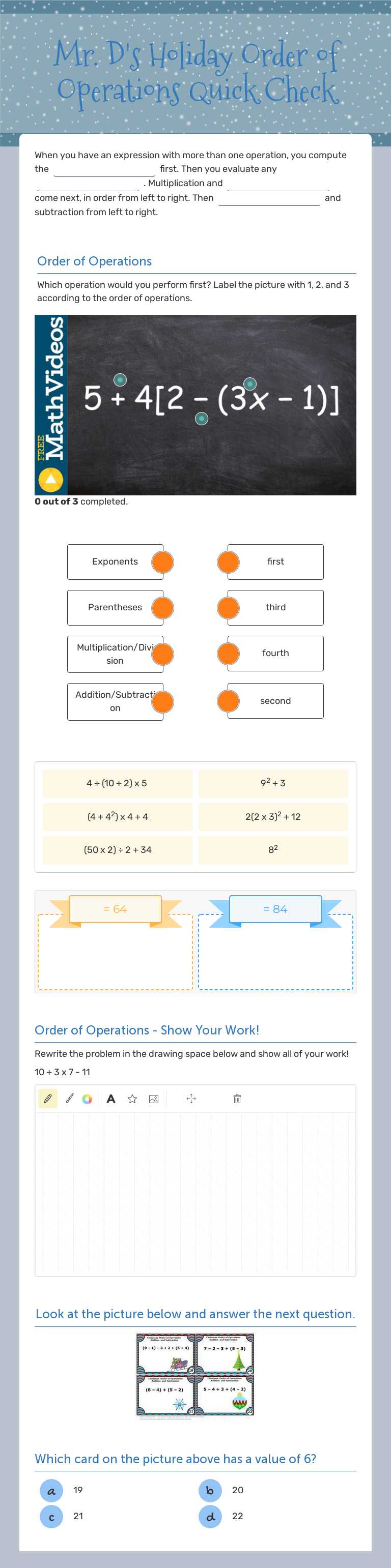 Mr. D's Holiday Order of Operations Quick Check Grade 5 worksheet preview