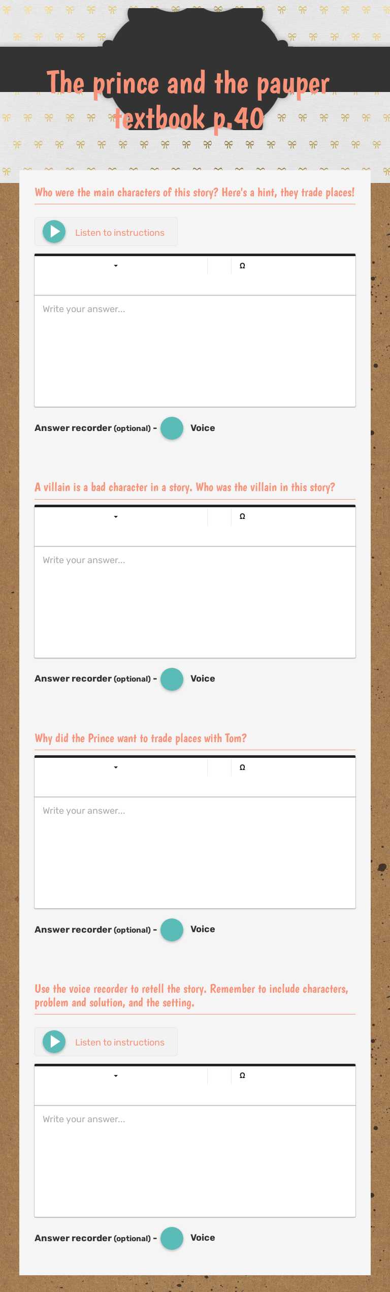 The prince and
the pauper textbook p.40 worksheet preview image