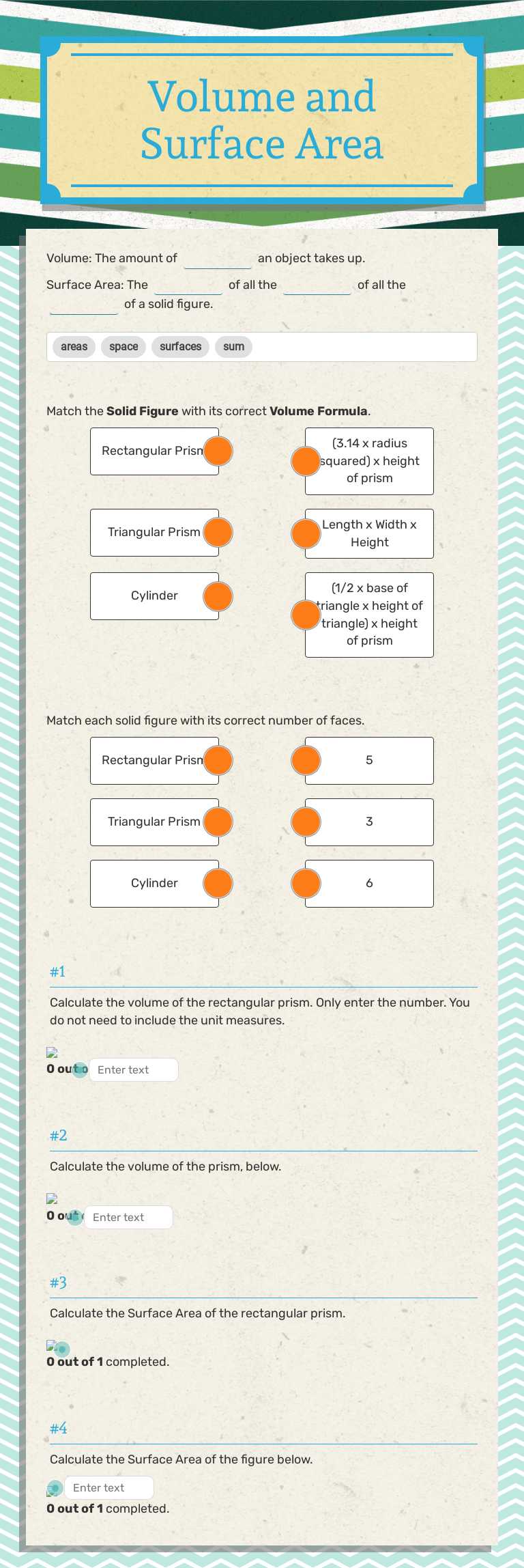 Volume and Surface Area worksheet preview image