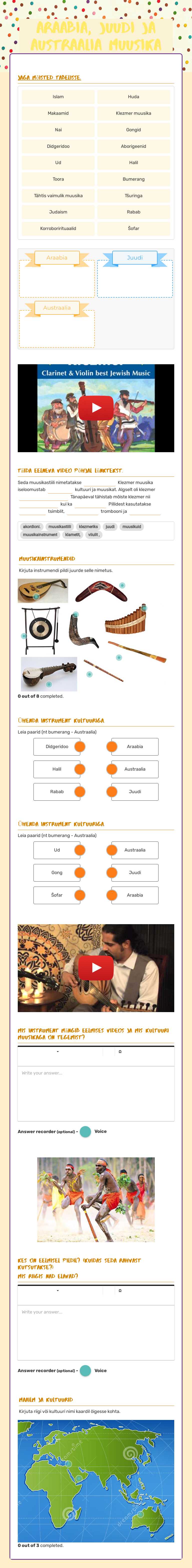 Araabia, Juudi ja austraalia muusika worksheet preview