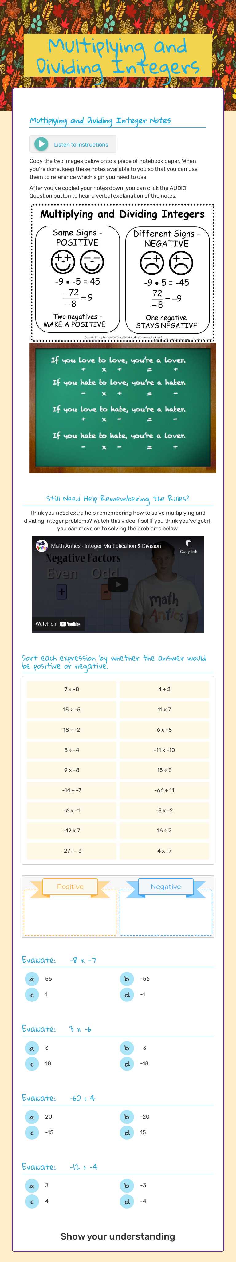 Multiplying and Dividing Integers Grade 7 worksheet preview