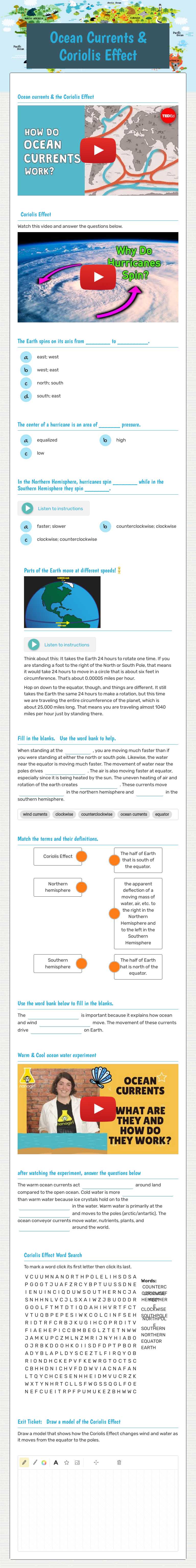 Ocean Currents & Coriolis Effect worksheet preview image