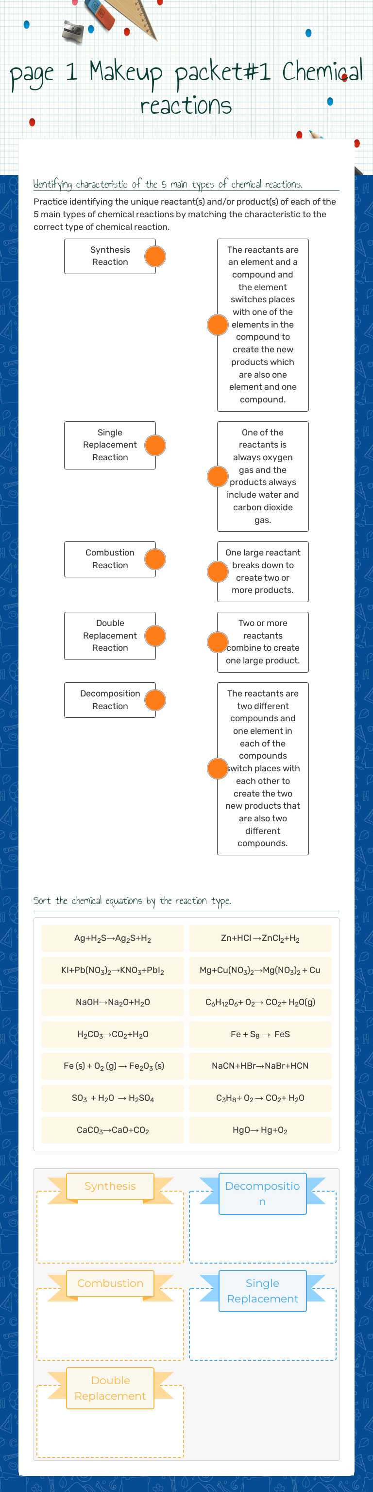 page 1 Makeup packet#1 
Chemical reactions Grade 9 worksheet preview
