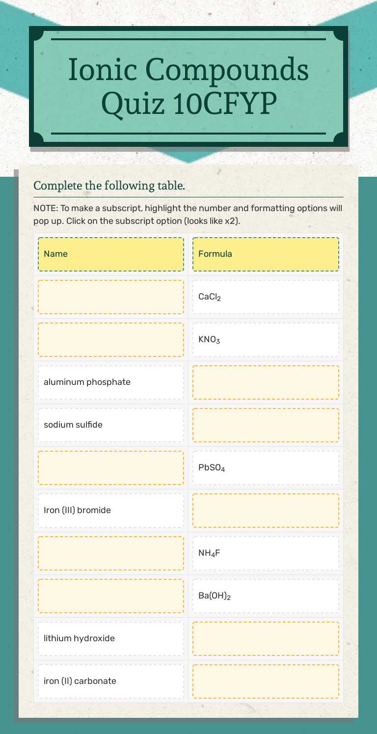 Ionic Compounds Quiz 10CFYP worksheet preview image