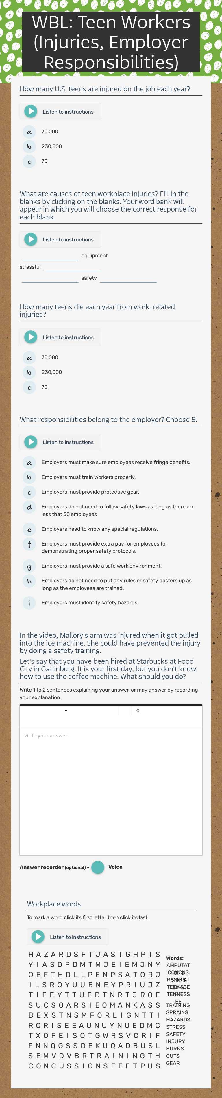 WBL: Teen Workers (Injuries, Employer Responsibilities) worksheet preview image