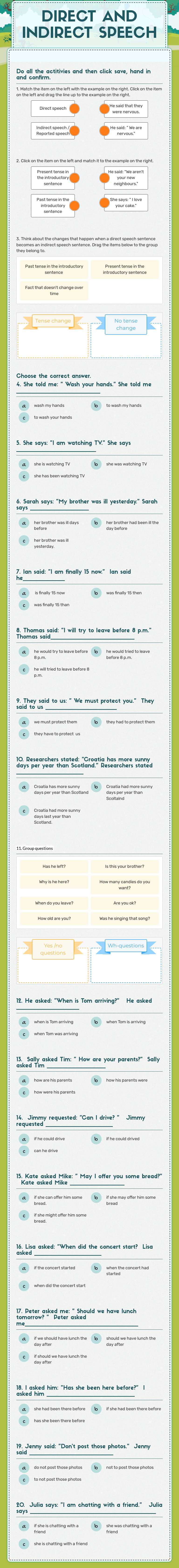 DIRECT AND INDIRECT SPEECH worksheet preview image
