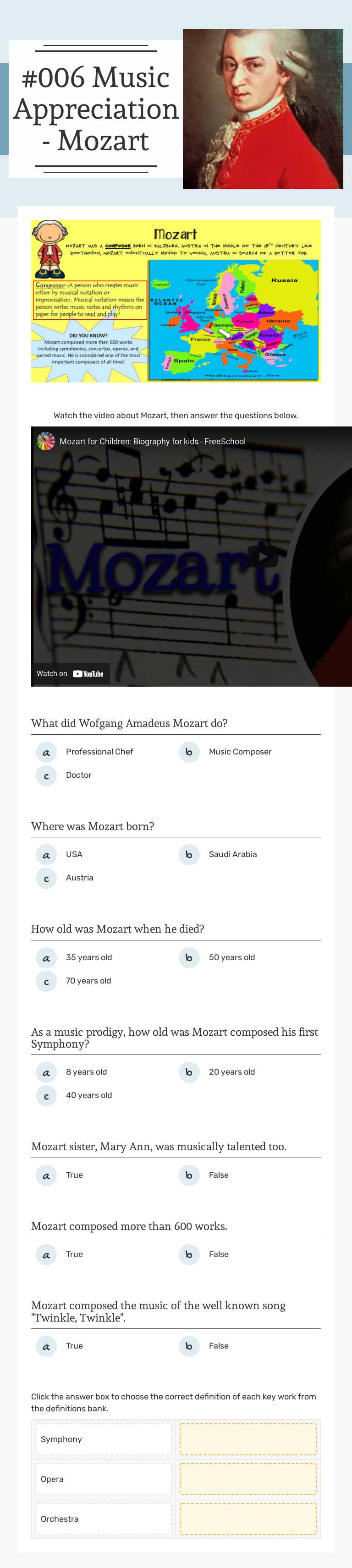 #006 Music Appreciation - Mozart worksheet preview image