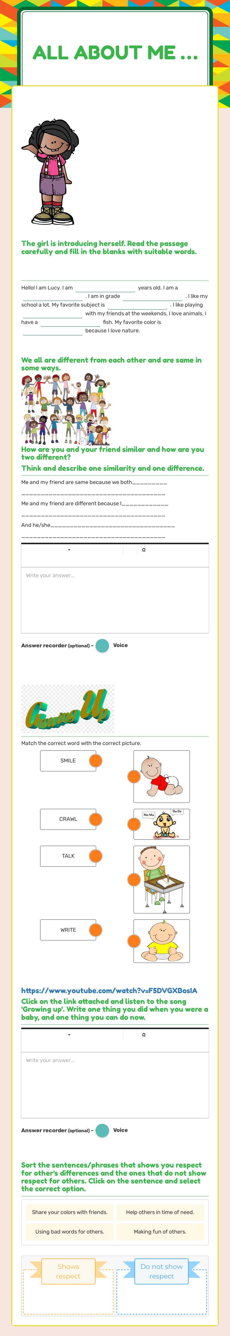 All about me … Grade 1 worksheet preview