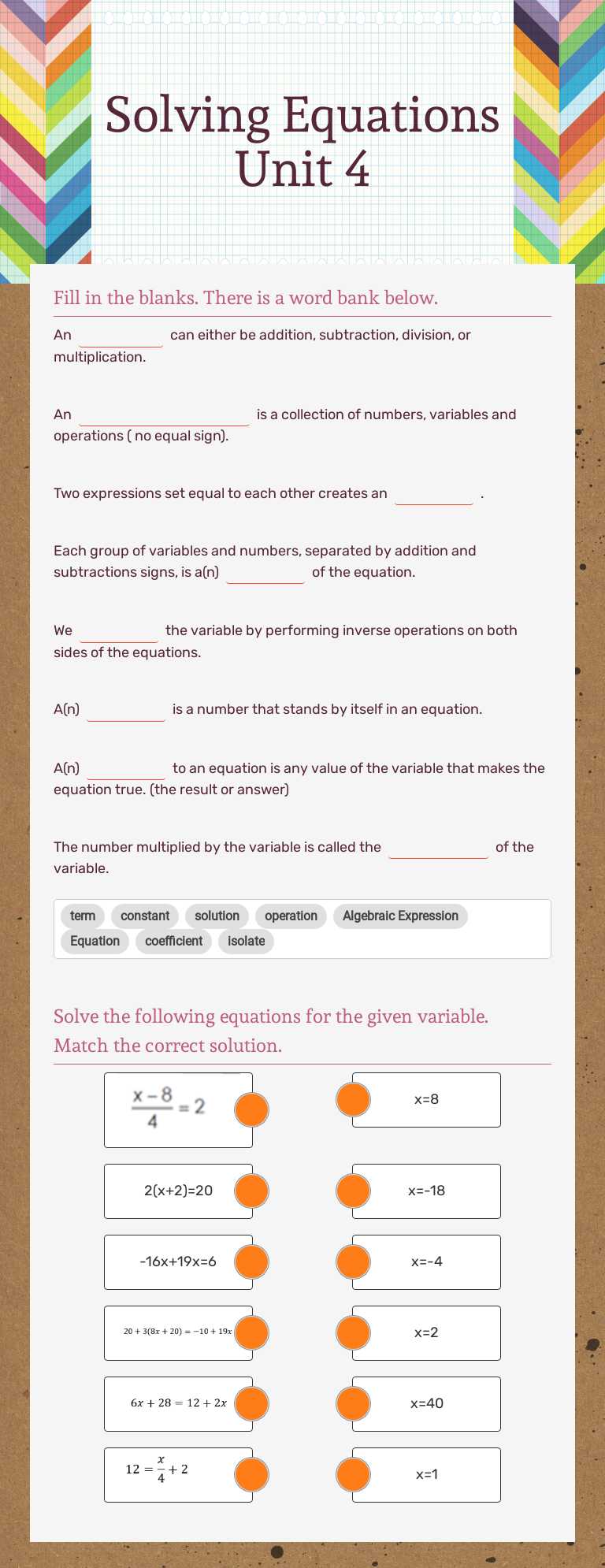 Solving Equations Unit 4 Grade 9 worksheet preview