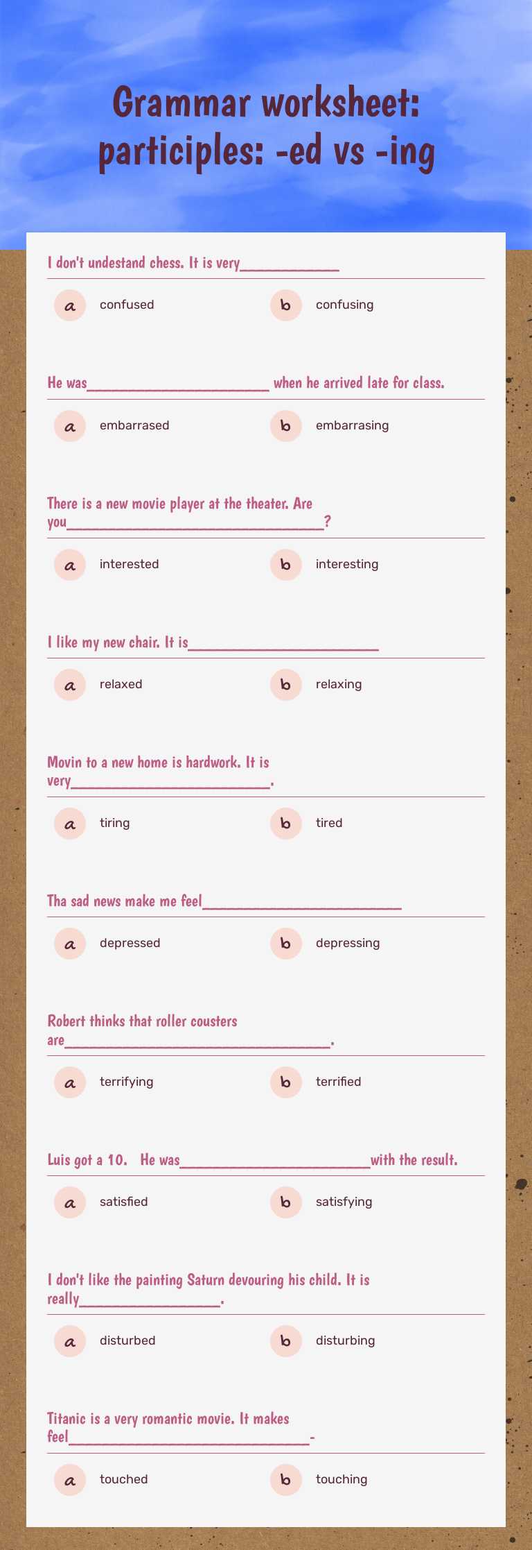 Grammar worksheet: participles: -ed vs -ing Other worksheet preview