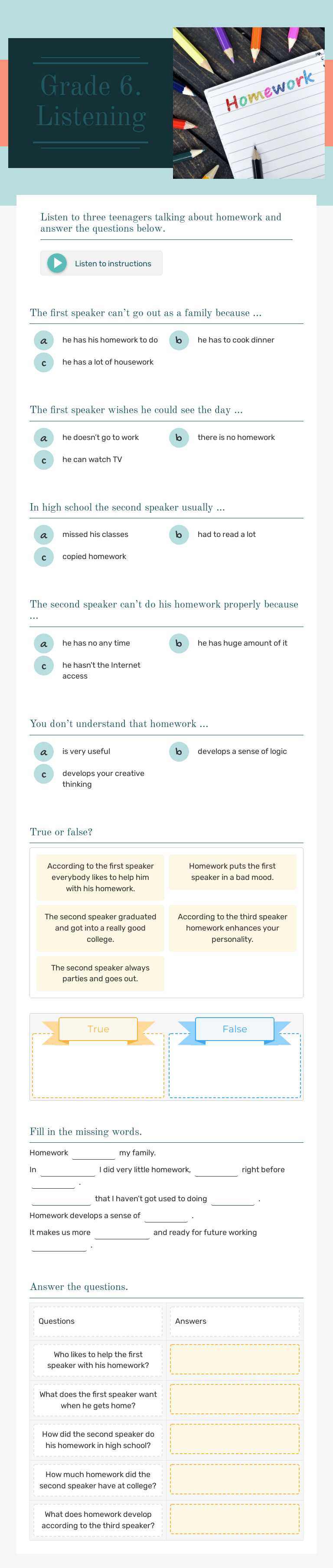 Grade 6. Listening worksheet preview image