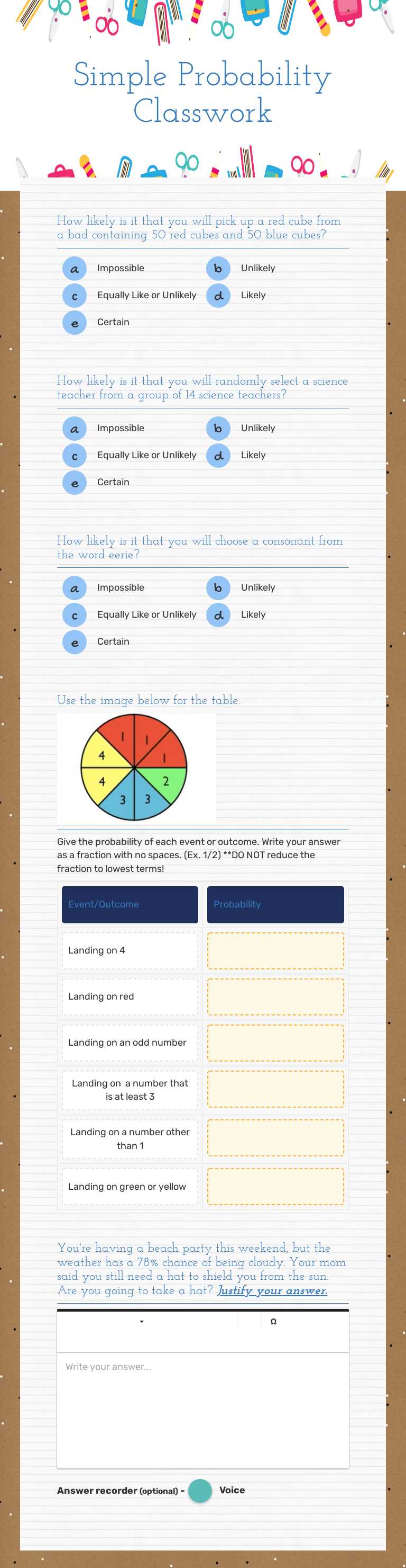Simple Probability Classwork Grade 7 worksheet preview